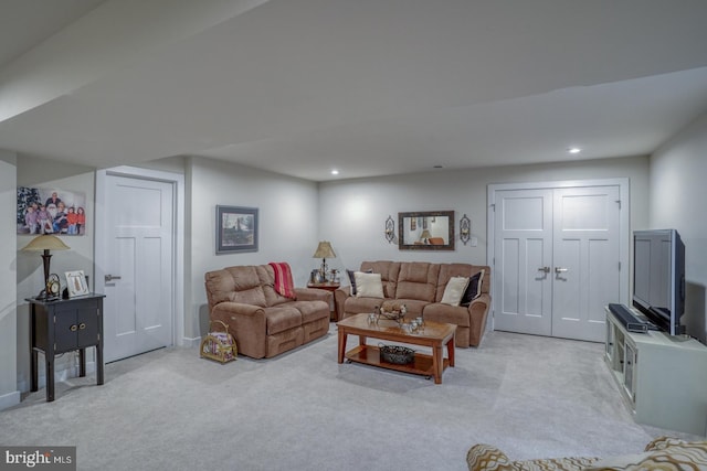 living room with light colored carpet