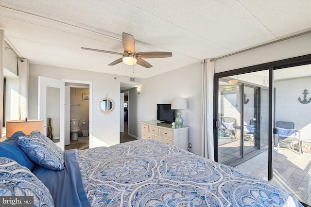 bedroom featuring access to exterior, ensuite bath, a textured ceiling, and ceiling fan