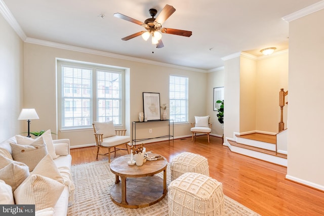 living area with crown molding, ceiling fan, and wood-type flooring