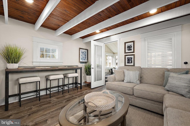 living room with beamed ceiling, wood ceiling, plenty of natural light, and dark wood-type flooring