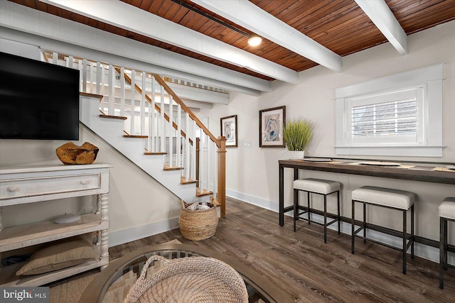 interior space featuring beam ceiling, hardwood / wood-style floors, and wood ceiling