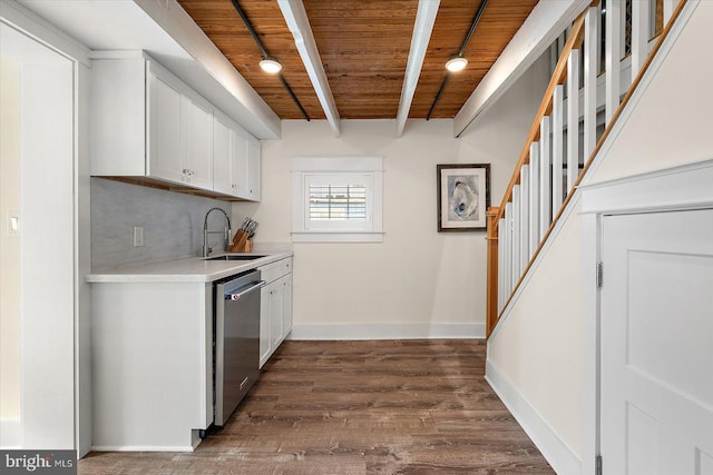 kitchen featuring white cabinetry, sink, stainless steel dishwasher, and wooden ceiling