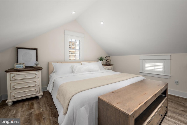 bedroom with dark hardwood / wood-style flooring and vaulted ceiling