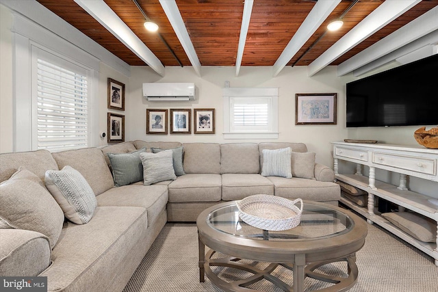 living room featuring wood ceiling, an AC wall unit, and beamed ceiling