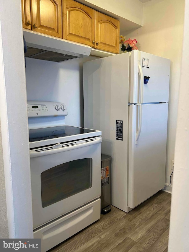 kitchen with dark hardwood / wood-style floors and white appliances