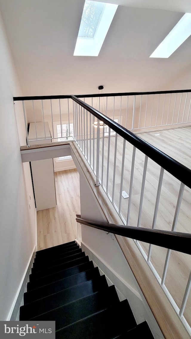 stairway featuring wood-type flooring and a skylight