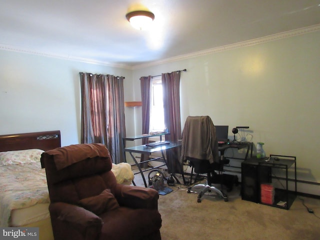 bedroom featuring crown molding and carpet flooring