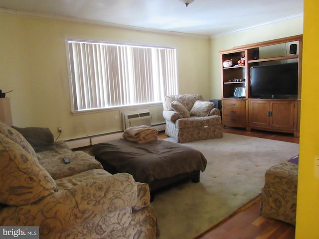 living room featuring a baseboard heating unit, ornamental molding, a wall unit AC, and hardwood / wood-style floors