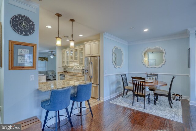 kitchen featuring pendant lighting, sink, appliances with stainless steel finishes, light stone countertops, and dark hardwood / wood-style flooring