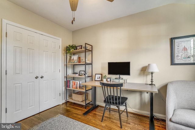 office area with ceiling fan and dark hardwood / wood-style floors