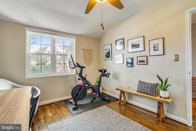 exercise room with hardwood / wood-style flooring, vaulted ceiling, and ceiling fan