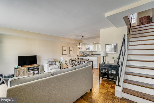 living room with dark parquet floors