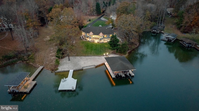 drone / aerial view with a water view