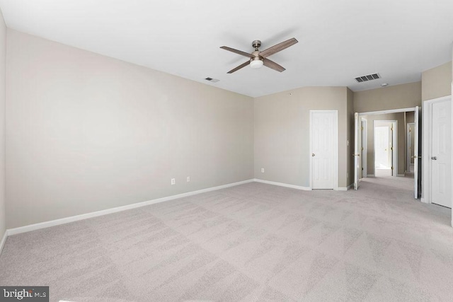 unfurnished bedroom featuring light carpet, baseboards, visible vents, and a ceiling fan