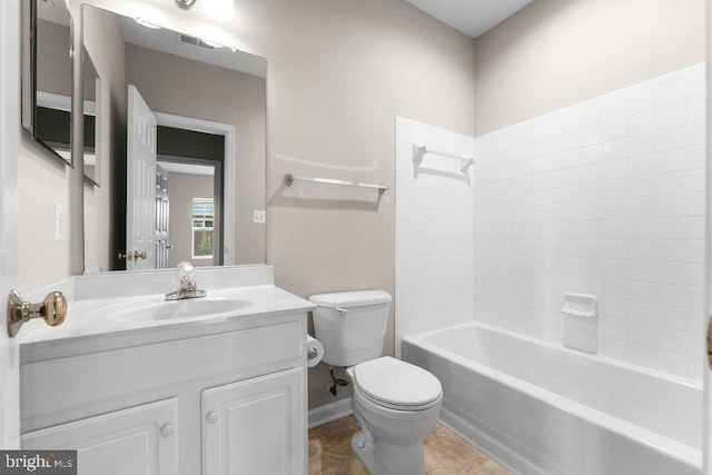 bathroom with toilet, shower / bath combination, vanity, visible vents, and baseboards