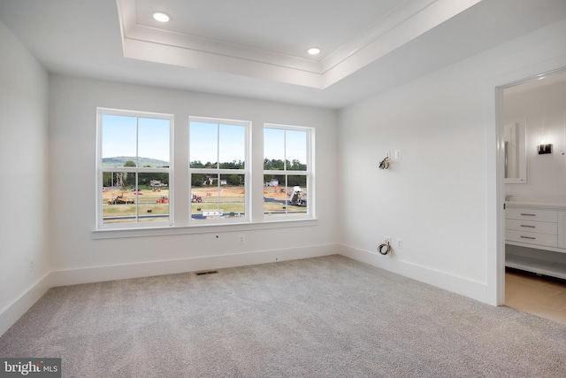 unfurnished bedroom featuring multiple windows, carpet flooring, connected bathroom, and a tray ceiling