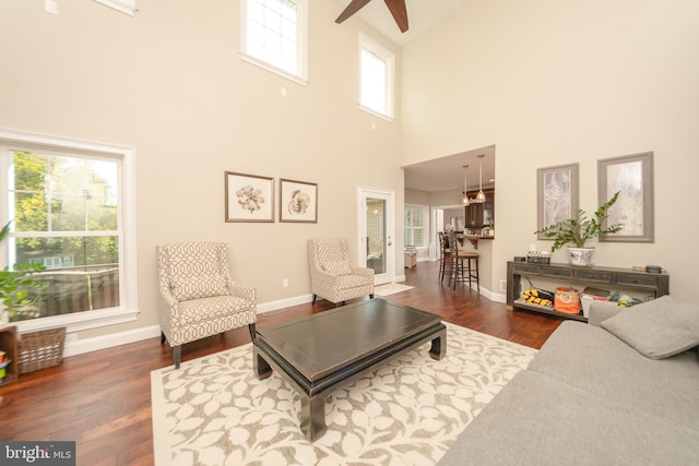 living room featuring dark wood-type flooring and a healthy amount of sunlight