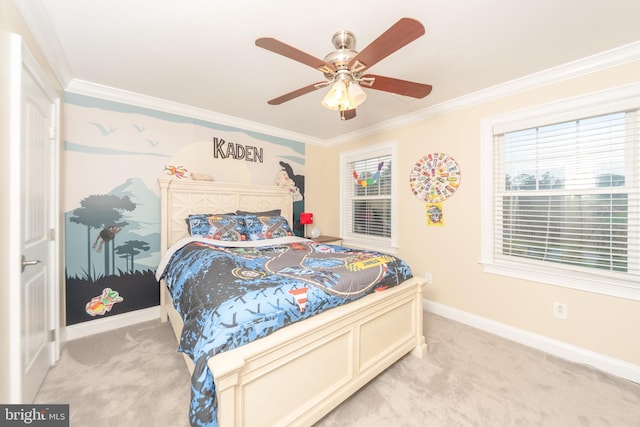 carpeted bedroom with multiple windows, crown molding, and ceiling fan