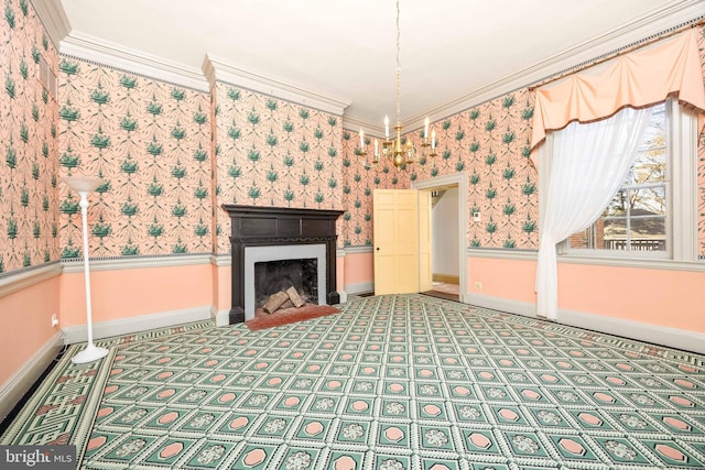 unfurnished living room featuring crown molding