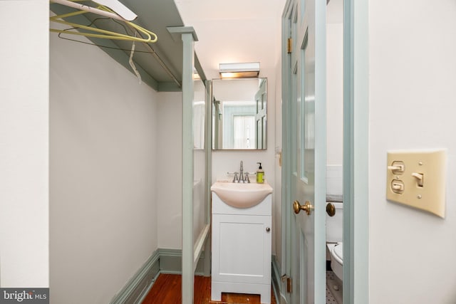 bathroom with wood-type flooring and vanity