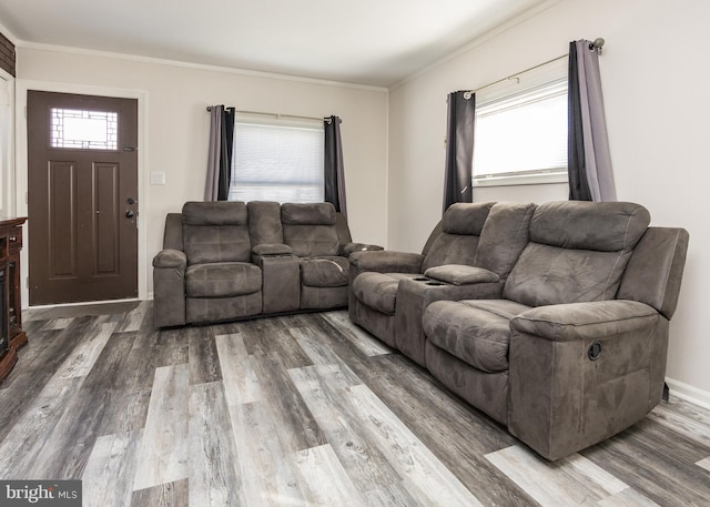 living room featuring hardwood / wood-style flooring and crown molding