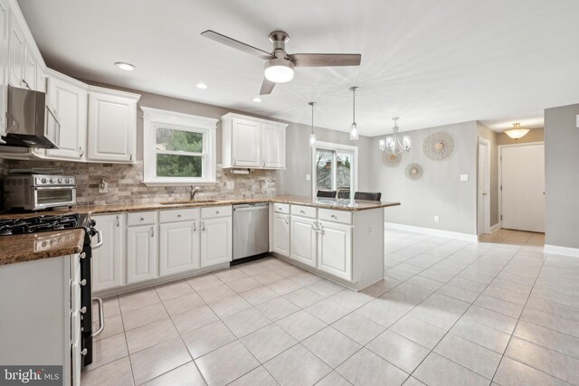 kitchen featuring sink, stainless steel appliances, white cabinets, decorative light fixtures, and kitchen peninsula