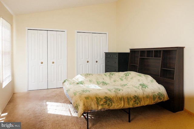 carpeted bedroom with multiple windows, two closets, and vaulted ceiling