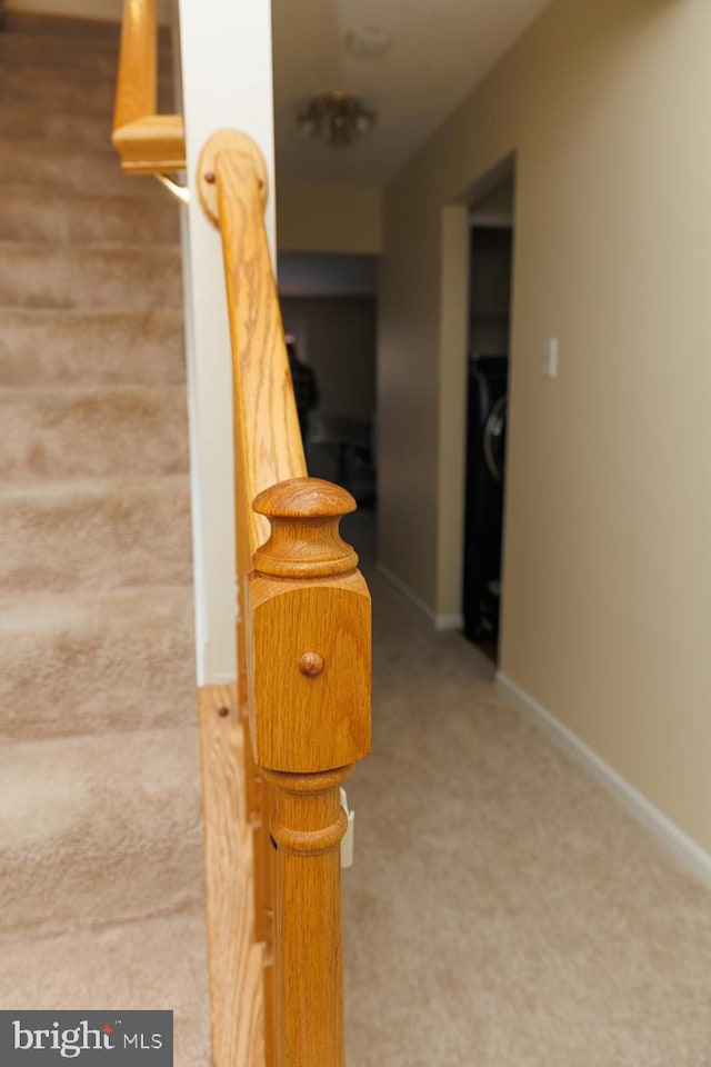 stairs featuring carpet flooring