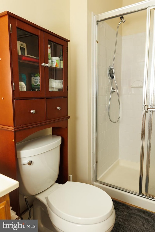 bathroom featuring vanity, a shower with door, and toilet