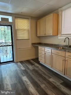 kitchen with dark wood-type flooring, sink, and light brown cabinets