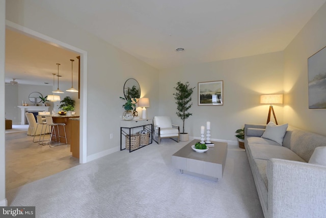 living room featuring light carpet