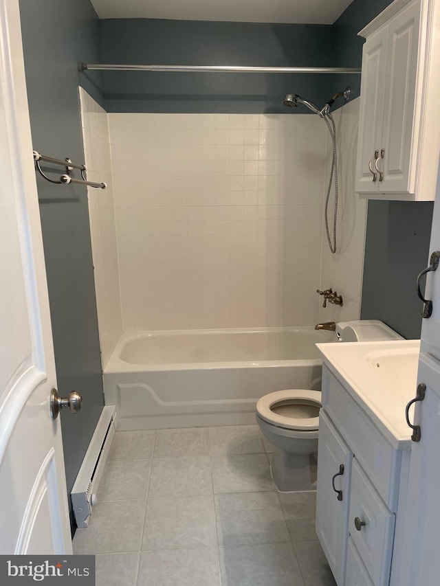 full bathroom featuring vanity, a baseboard radiator, bathing tub / shower combination, and toilet