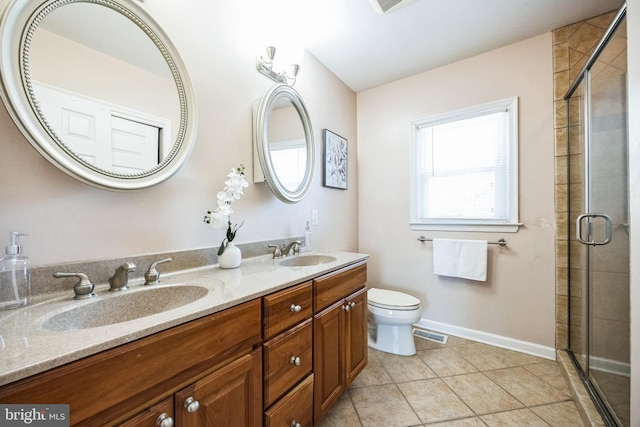 full bath with a sink, visible vents, toilet, and a shower stall