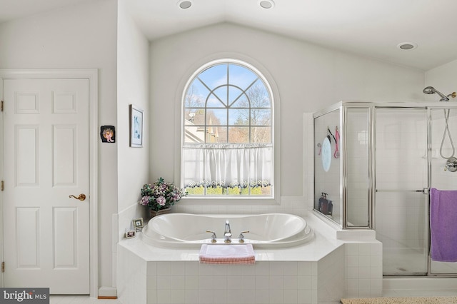 bathroom with plus walk in shower and lofted ceiling