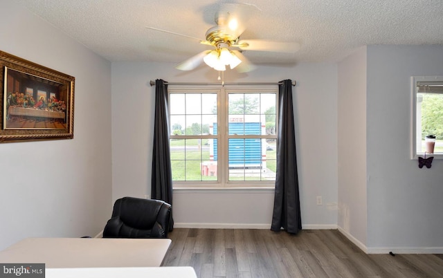 home office with ceiling fan, plenty of natural light, light hardwood / wood-style floors, and a textured ceiling