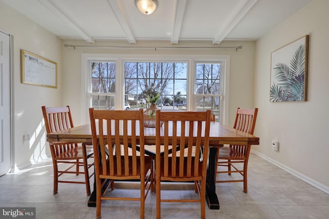 dining area with beamed ceiling and baseboards