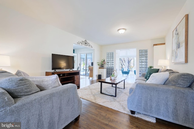 living room with dark wood-type flooring