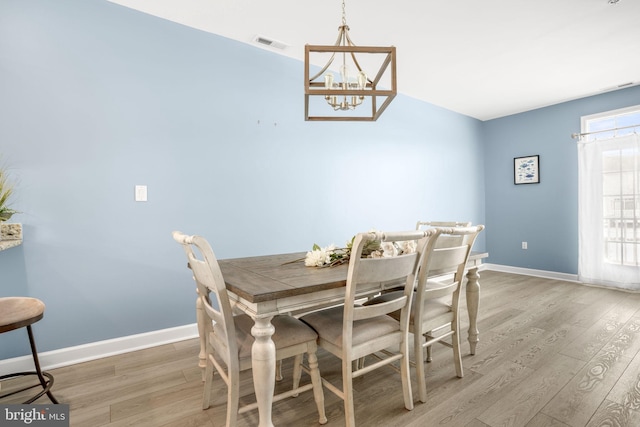 dining space featuring light wood-type flooring, baseboards, and visible vents