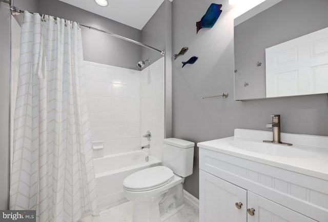 full bathroom with toilet, vanity, and shower / bathtub combination with curtain