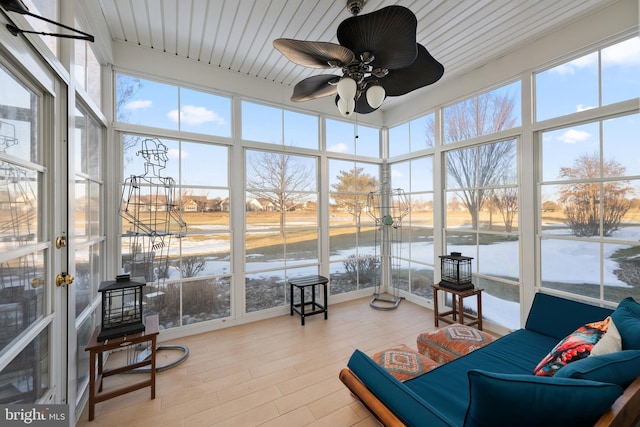 sunroom with wood ceiling and ceiling fan