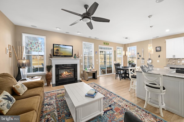 living room featuring ceiling fan and light hardwood / wood-style floors