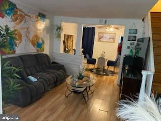 living room with ceiling fan and wood-type flooring