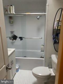 full bathroom featuring shower / bath combination, vanity, and toilet