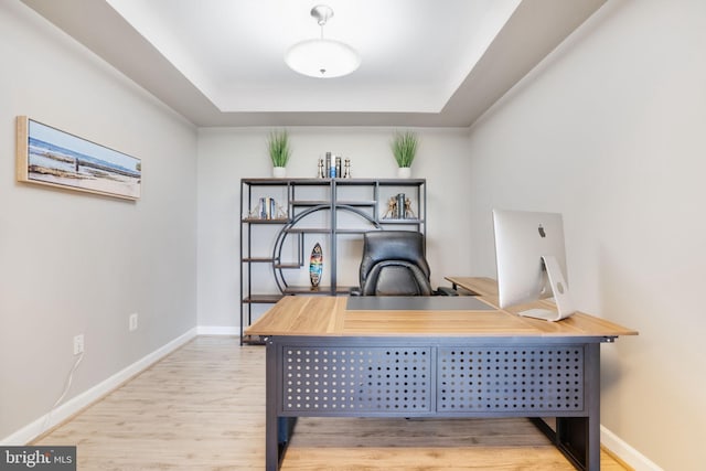 office space featuring a raised ceiling and hardwood / wood-style floors