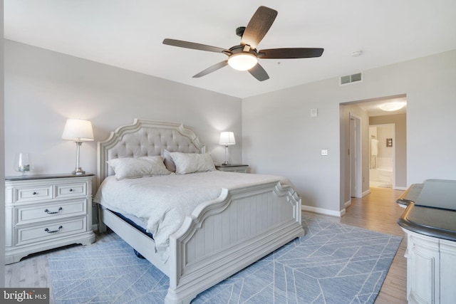 bedroom with ceiling fan and light wood-type flooring