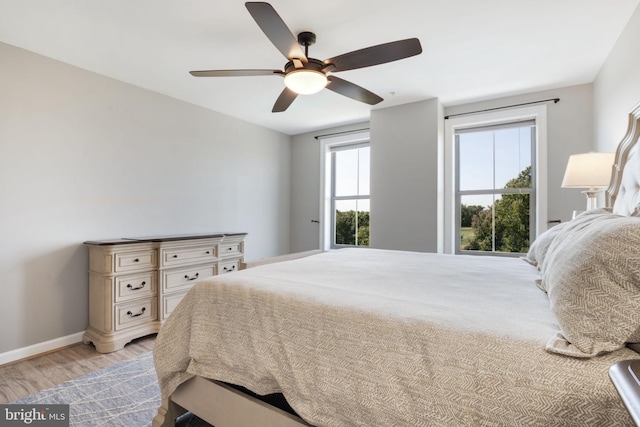 bedroom featuring ceiling fan and light hardwood / wood-style flooring