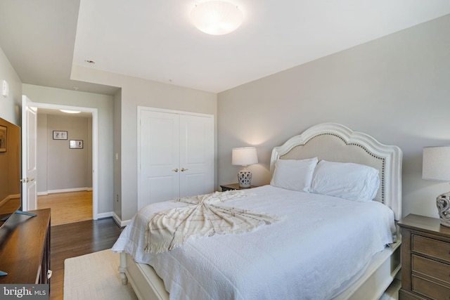 bedroom featuring dark hardwood / wood-style floors and a closet