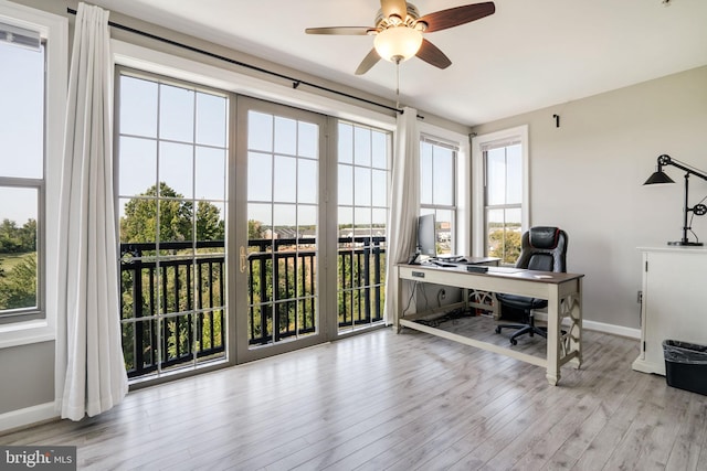 office area featuring light hardwood / wood-style flooring and ceiling fan