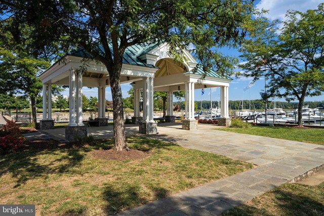 view of community featuring a gazebo and a lawn