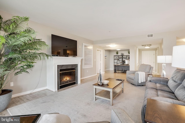 living room with a premium fireplace and light hardwood / wood-style floors